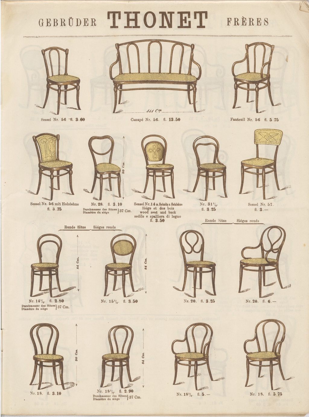 A page of a catalog with Thonet chair samples. Four rows of fill the page with various different designs. The text at the top of the pages reads, "THONET."