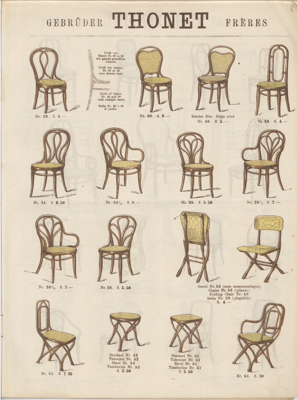 A page of a catalog with Thonet chair samples. Four rows of four chairs fill the page with various different designs. 